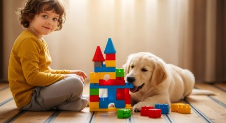 Small boy sits on floor next to colorful building blocks with a golden retriever puppy. Concept of childhood fun and pet companionship.