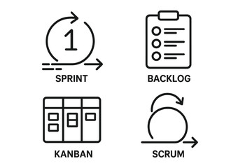 Agile methodology outline icon set. Sprint iteration, product backlog, kanban board, scrum process. Vector graphics for project management, software development workflow concepts.