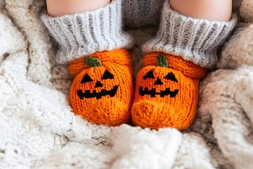 Cozy Baby Feet in Knitted Pumpkin Halloween Booties on Soft Blanket perfect for autumn family photography, seasonal baby announcements, holiday greeting cards and cozy fall advertising campaigns