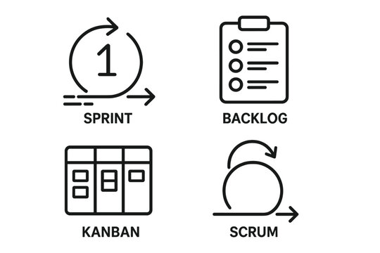 Agile methodology outline icon set. Sprint iteration, product backlog, kanban board, scrum process. Vector graphics for project management, software development workflow concepts.