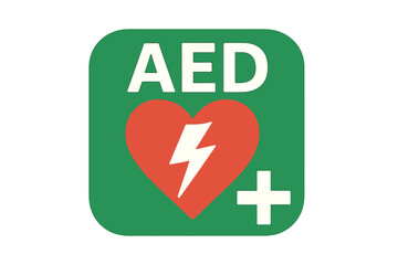 AED Automated External Defibrillator vector sign. Emergency first aid icon. Symbol for heart attack, cardiac arrest, and CPR. Medical resuscitation safety equipment illustration.