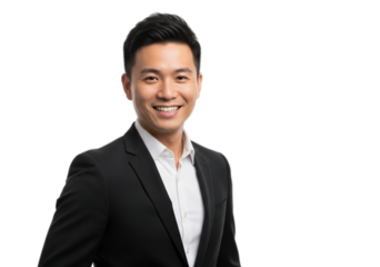 Photo of smiling asian businessman in suit isolated on transparent background