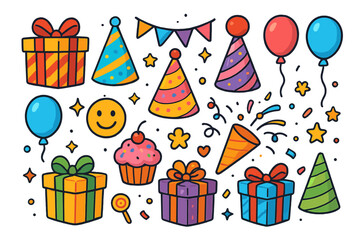Collection of cute cartoon party doodle icons. Set for birthday celebration or holiday event. Vector illustration of gift, present, balloon, hat, cupcake, confetti. Isolated elements.
