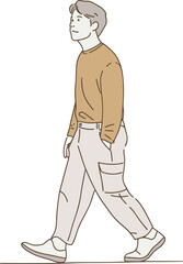 Stylish man walking in cargo pants and brown shirt, side profile illustration, casual fashion pose, minimalist vector design