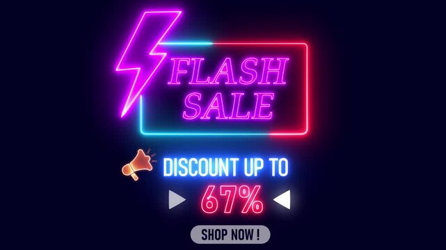 Bright neon clearance sale banner, glowing purple and blue sign, 67 percent discount highlighted, promo shopping design for media marketing,