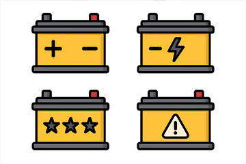Car battery icon set. Auto accumulator collection with plus, minus, charge, and warning signs. Automotive 12v power symbol. Vector cartoon illustration for vehicle service.