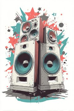 Stacked speakers, graphic art style, with bursts, stars