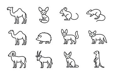 Fototapeta premium Desert Mammal Icons. Outline icon set of Desert mammals: camel, fennec fox, jerboa, kangaroo rat, dromedary,