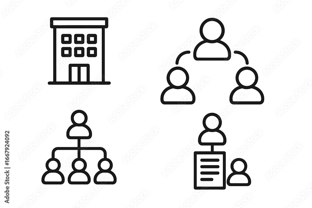 Aufkleber set of organizational structure line icons. corporate hierarchy and business management concept. com