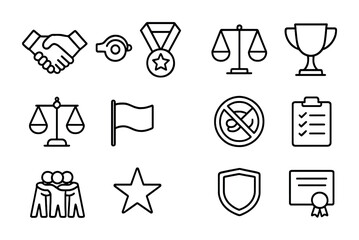 Sports Ethics Icons. Outline icon set of Sports ethics and fair play: handshake, referee whistle, medal,