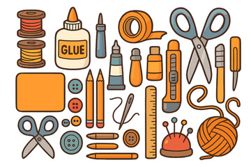 Obraz premium Craft tools and supplies set for DIY projects. Vector cartoon illustration of handmade equipment. Hobby items collection with scissors, glue, thread, buttons, yarn for creativity.