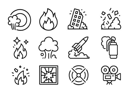 Action Icon Set. Outline icon set of movie explosions and effects: blast wave, fireball, collapsing building,