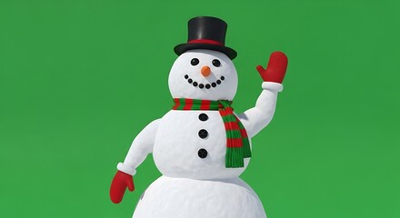 Snowman Waving Hand on Green Background