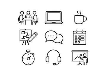 Creative Workflow Icons. Outline icon set of collaborative creative workflow: meeting table, laptop, coffee