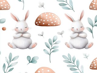 Cute baby rabbit animal pattern forest illus. Adorable bunny infant fauna motif woodland artwork idyllic scene decorative design nature wildlife drawing springtime