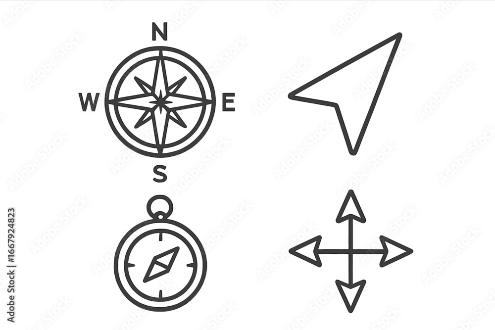 Aufkleber compass icon set for navigation and direction. vector line art symbols. wind rose, arrow cursor, poc