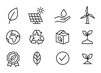 Eco Design Icons. Outline icon set of eco design elements: leaf, solar panel, water conservation, wind turbine
