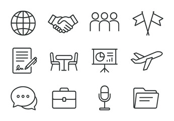 Global Trade Icons. Outline icon set of global trade summit elements: globe, handshake, delegates, flags,