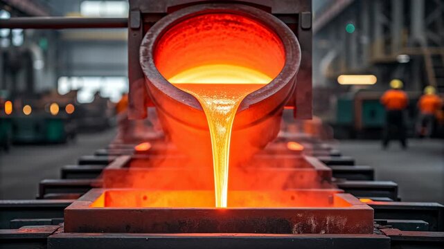Molten metal pours from large crucible in industrial factory where base metals are processed with intense heat and glowing light