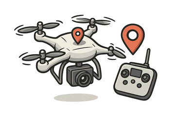 Cartoon drone quadcopter with camera for aerial photography, video surveillance. Remote controller and GPS location marker for navigation. Unmanned aerial vehicle concept vector.