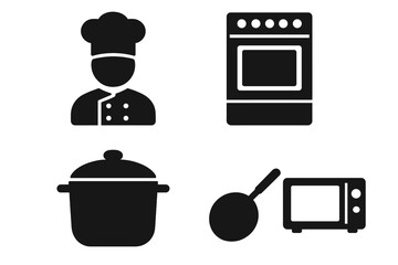 Cooking and kitchen solid icons set. Chef, cooktop, oven, pot, pan, microwave vector symbols. Restaurant, culinary and food preparation silhouette glyphs collection.