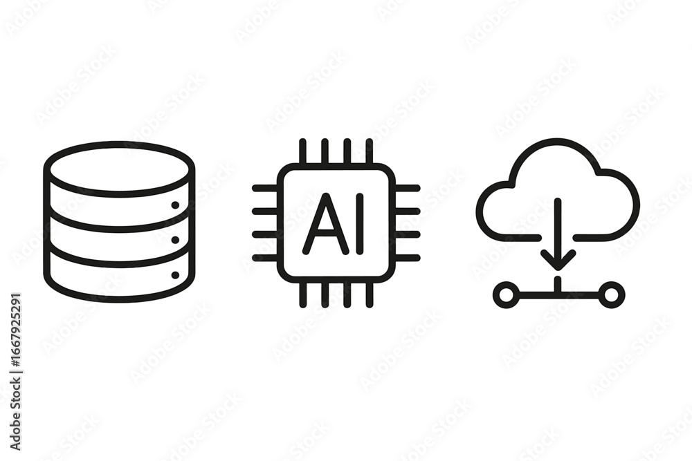 Poster data analysis vector icon set. database server, ai artificial intelligence chip, and cloud computing