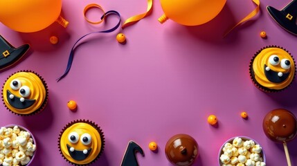 A fun Halloween party snack table with monster-face cupcakes, popcorn cups, witch-hat cookies, caramel apples, balloons and streamers, vibrant orange and purple color scheme, copy space for text