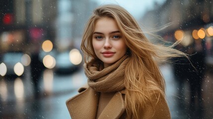 Young Woman with Windswept Blonde Hair in Brown Coat in Snowy City