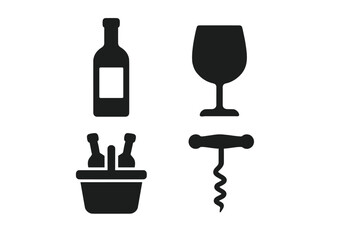 Wine icon set solid glyph vector. Wine tasting essentials collection with bottle, glass, corkscrew, ice bucket. Alcohol beverage silhouette symbols for bar, restaurant menu.
