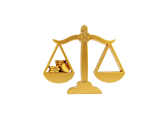 Golden balance scales with coins symbolizing financial justice, wealth, and investments