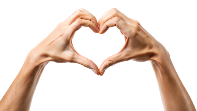 hands forming a heart shape sign isolated on white background, png, ai generated.