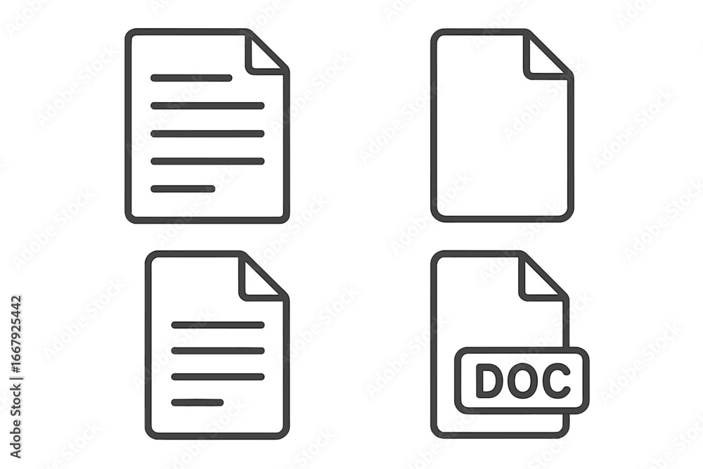 Poster document file icon set. paper page and doc format line icons. office contract symbol collection. bla