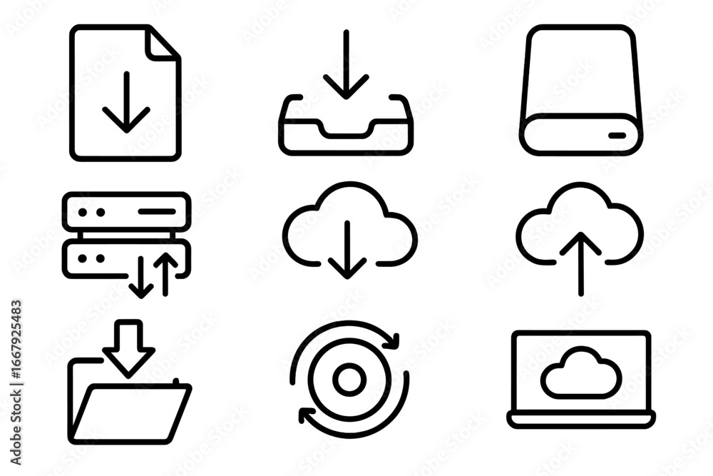 Poster data transfer & cloud computing line icon set. vector symbols for download, upload, file storage, se