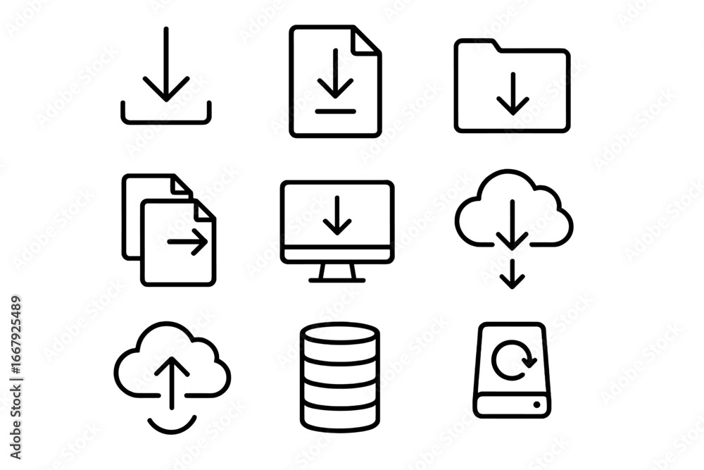 Poster data management line icon set. file transfer, storage, and backup outline collection. vector icons f