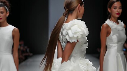 Three models walking on a runway wearing elegant white dresses with floral embellishments.