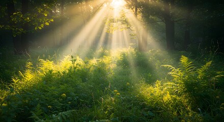 Sunlight streaming through forest canopy with lush green vegetation