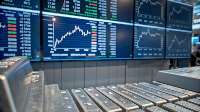 Silver metal bar stock market charts showing metals trading and investment trends with silver bar stack and metal market data - Powered by Adobe