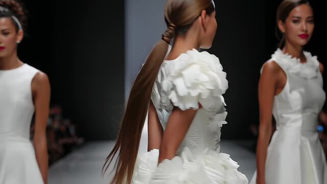 Three models walking on a runway wearing elegant white dresses with floral embellishments.