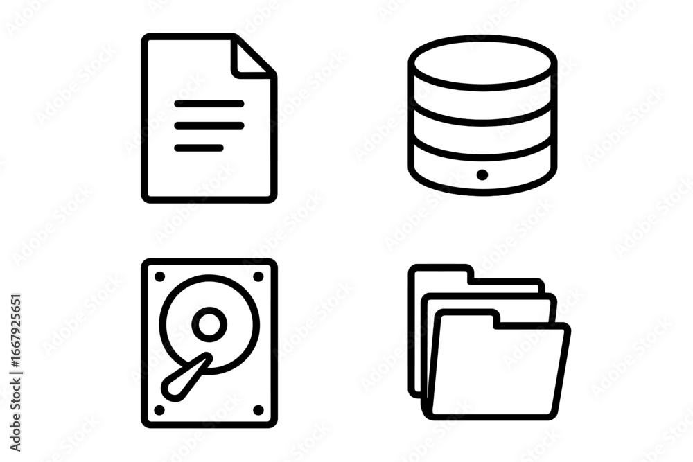 Poster file and document linear icon set. digital data, hard drive, database, and folder storage outline co