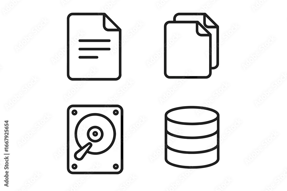 Poster file document linear icon set. digital data, hard drive, and database storage outline collection. ve