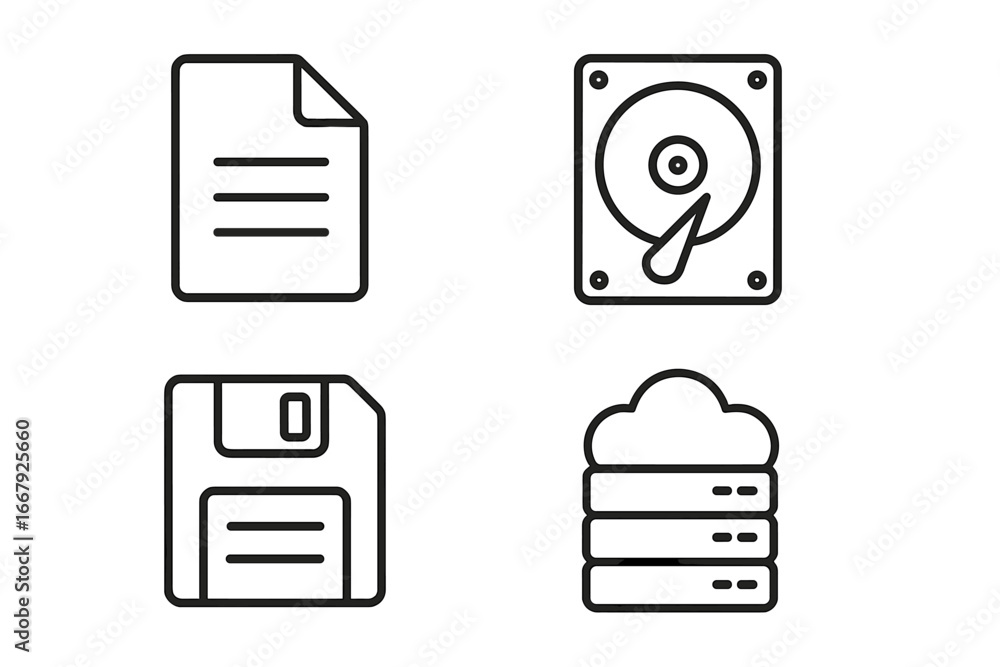 Poster data storage linear icon set. file, document, hard drive, floppy disk and cloud server outline symbo