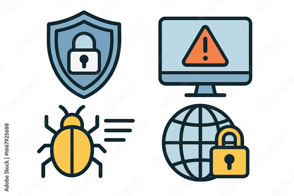 Poster cybersecurity icon set. internet security, data protection, virus attack, and vulnerability concepts