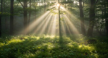 Obraz premium Sunlight streams through trees in a tranquil forest setting with lush green foliage