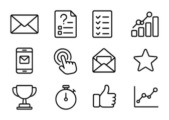 Email Marketing Icon Set. Outline icon set of interactive email marketing: envelope, quiz sheet, survey form,