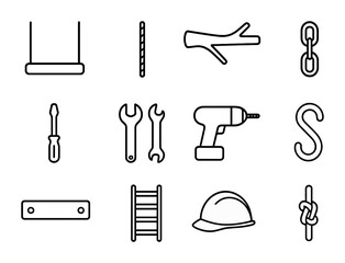 Fototapeta premium Swing Setup Icons. Outline icon set of setting up a swing: swing seat, rope, tree branch, metal chain,