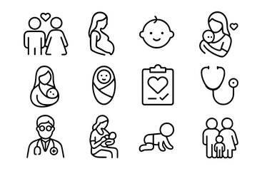 Family and maternity line icon set. Pregnancy, newborn baby, and parenting symbols. Health care, medical checkup, doctor, and childcare vector outline icons collection.