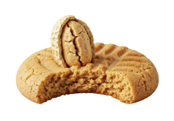 Appetizing macro shot of a half-eaten golden-brown peanut butter cookie with bite mark, fork marks, and broken peanut half, on transparent. Delicious dessert concept