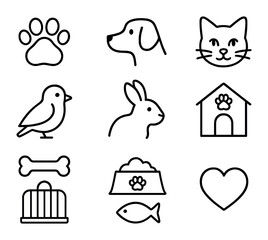Animal Care Icons. Outline icon set of animal care volunteering: paw print, dog, cat, bird, rabbit, shelter