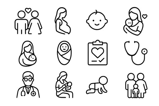 Family and maternity line icon set. Pregnancy, newborn baby, and parenting symbols. Health care, medical checkup, doctor, and childcare vector outline icons collection.