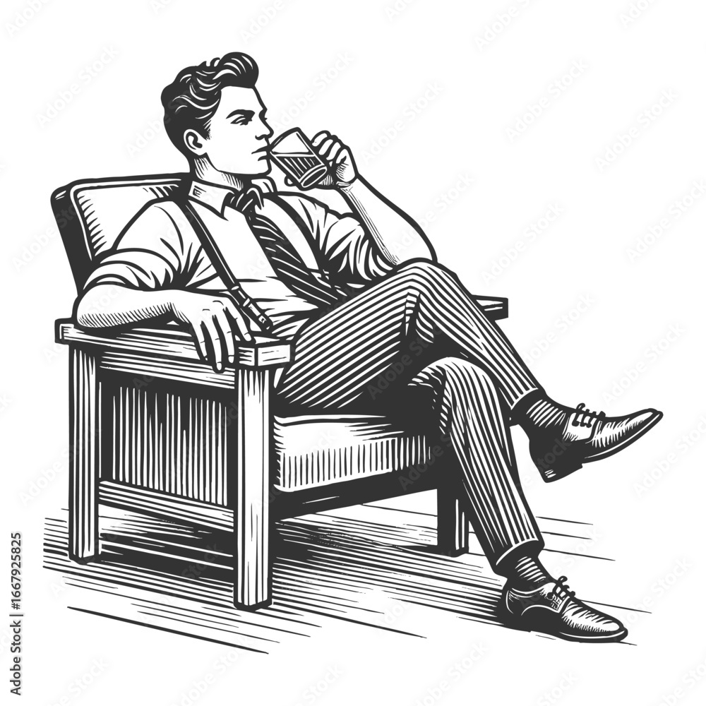 Poster man in a suit relaxing in an armchair while sipping whiskey with confidence sketch engraving generat
